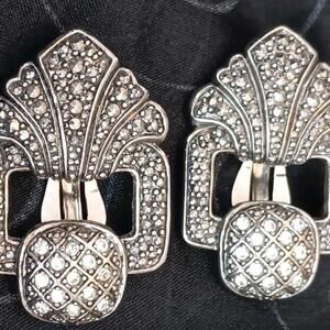 Avon " Bold Romance" clip-on earrings, Art Deco buckle design, Silver-tone